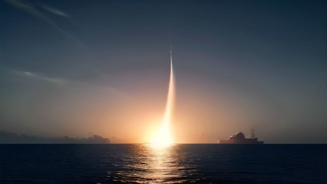 dramatic persian gulf oil tanker silhouette at dusk with distant missile trails