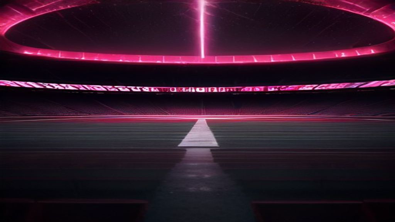 empty stadium under dramatic stormy sky with abstract red and white light streak