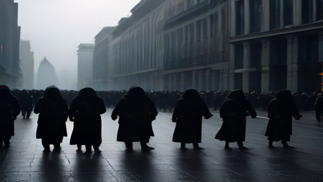 crowd of dark-clad silhouettes marching through european capital square, overcas