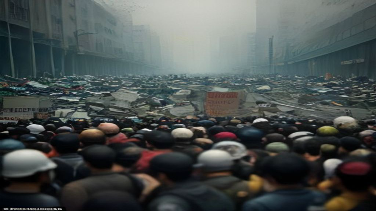 symbolic split: blurred protest crowd one side, overflowing trash and smog other