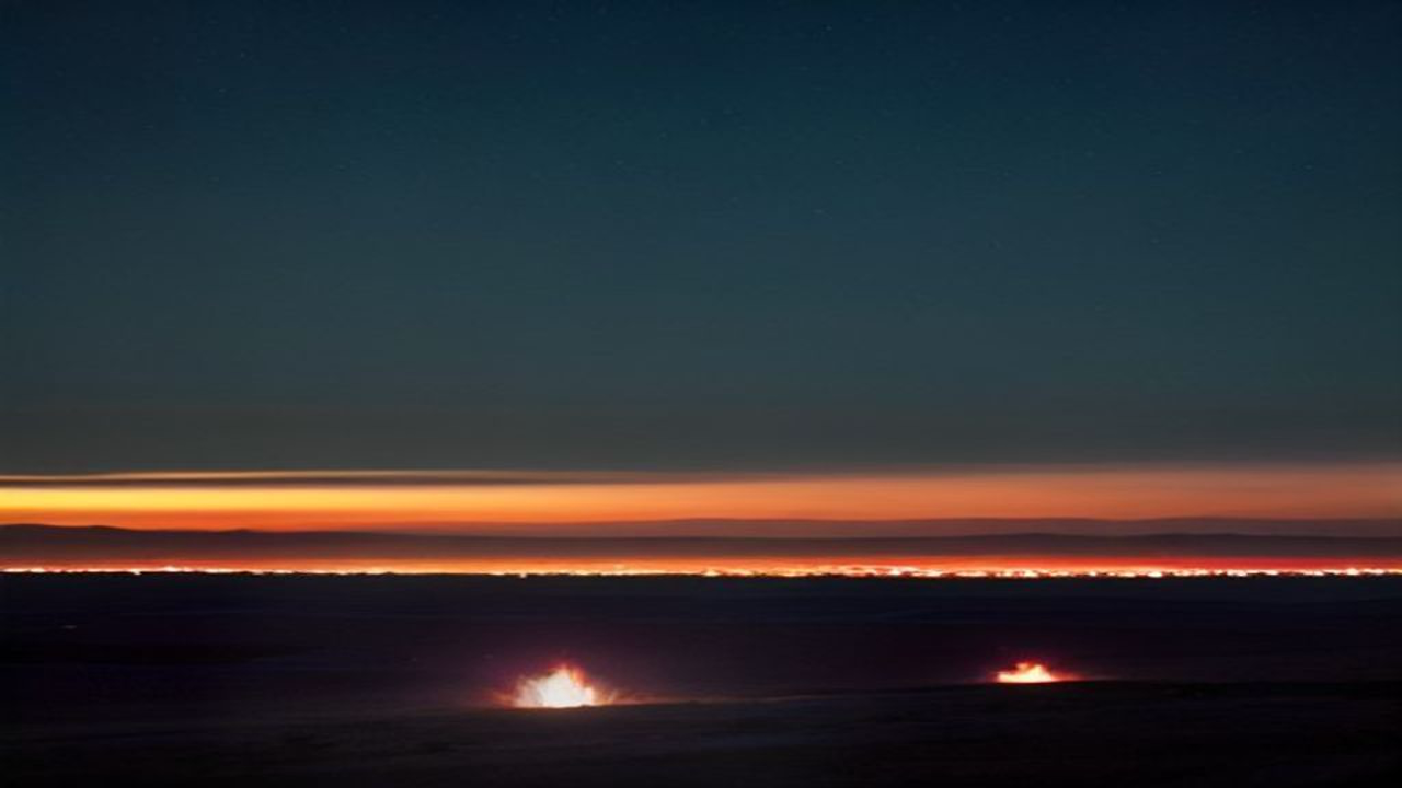night landfill fire glow and smoke plume over hills, distant emergency lights, n