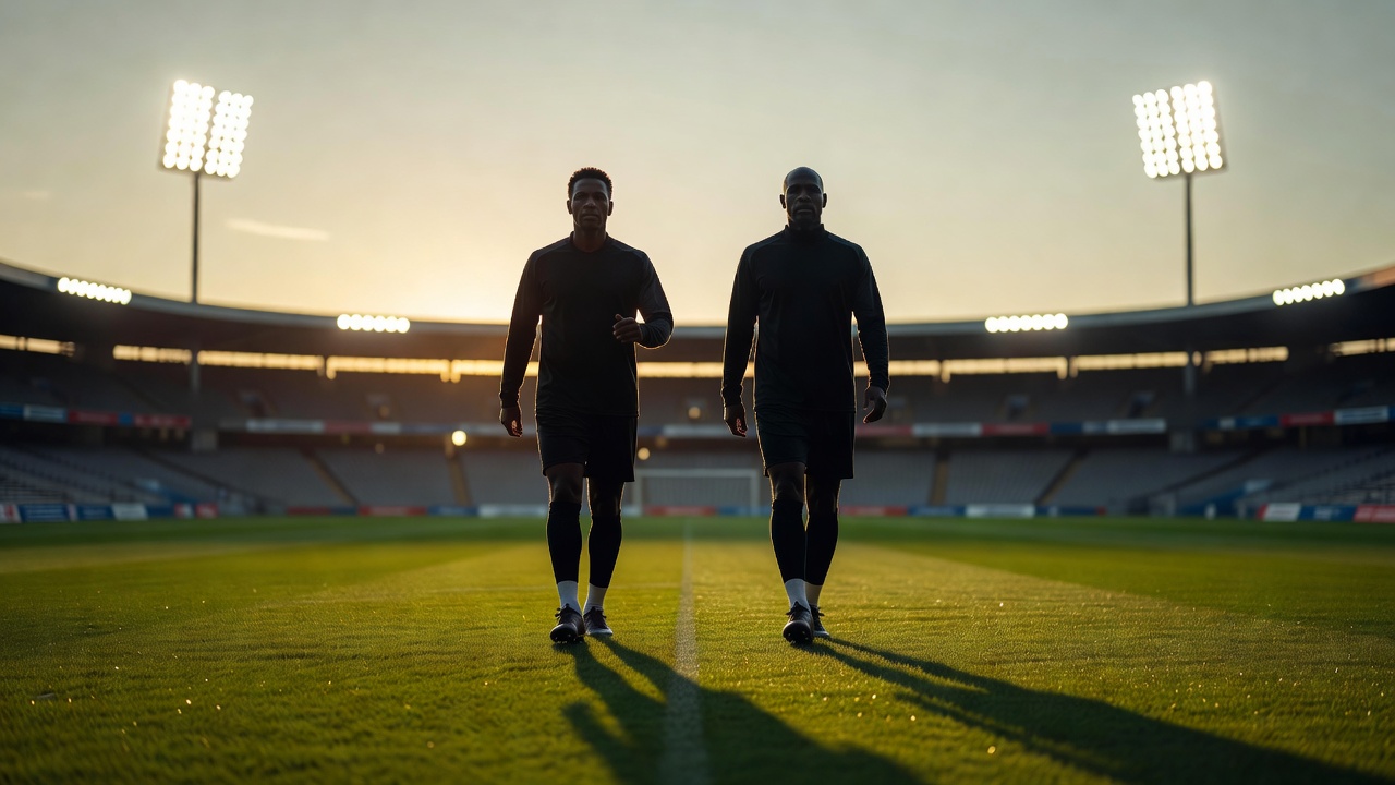 two football legends silhouette stadium lights golden era mood