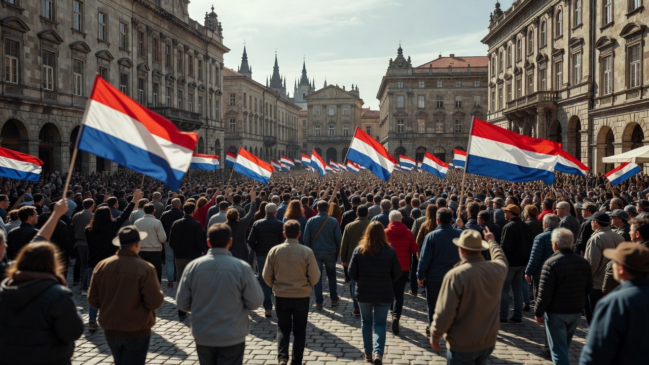 Zagreb protest crowd Croatian flags square