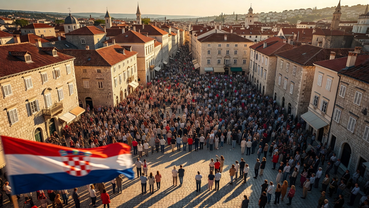 Zagreb Ban Jelačić square full crowd drone