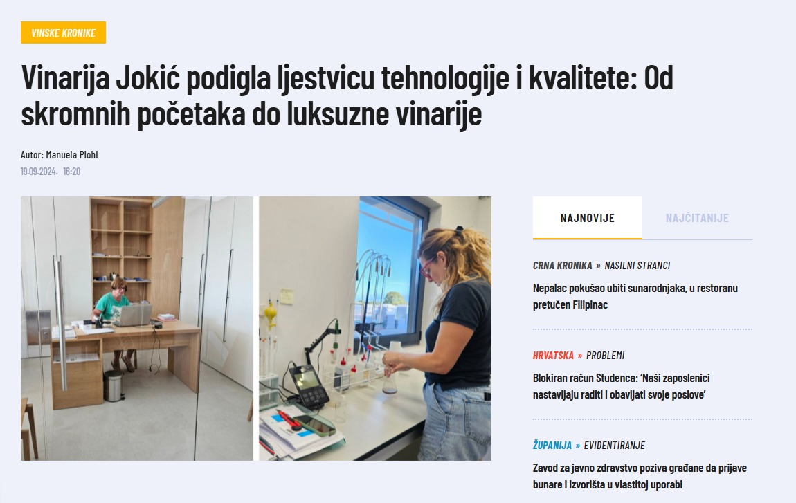 Naslov članka Zadarskog lista o Vinariji Jokić od skromnih početaka do luksuzne vinarije