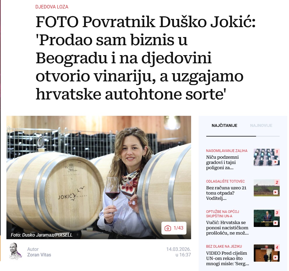 Večernji list o povratku Duška Jokića na djedovinu i razvoju vinarije