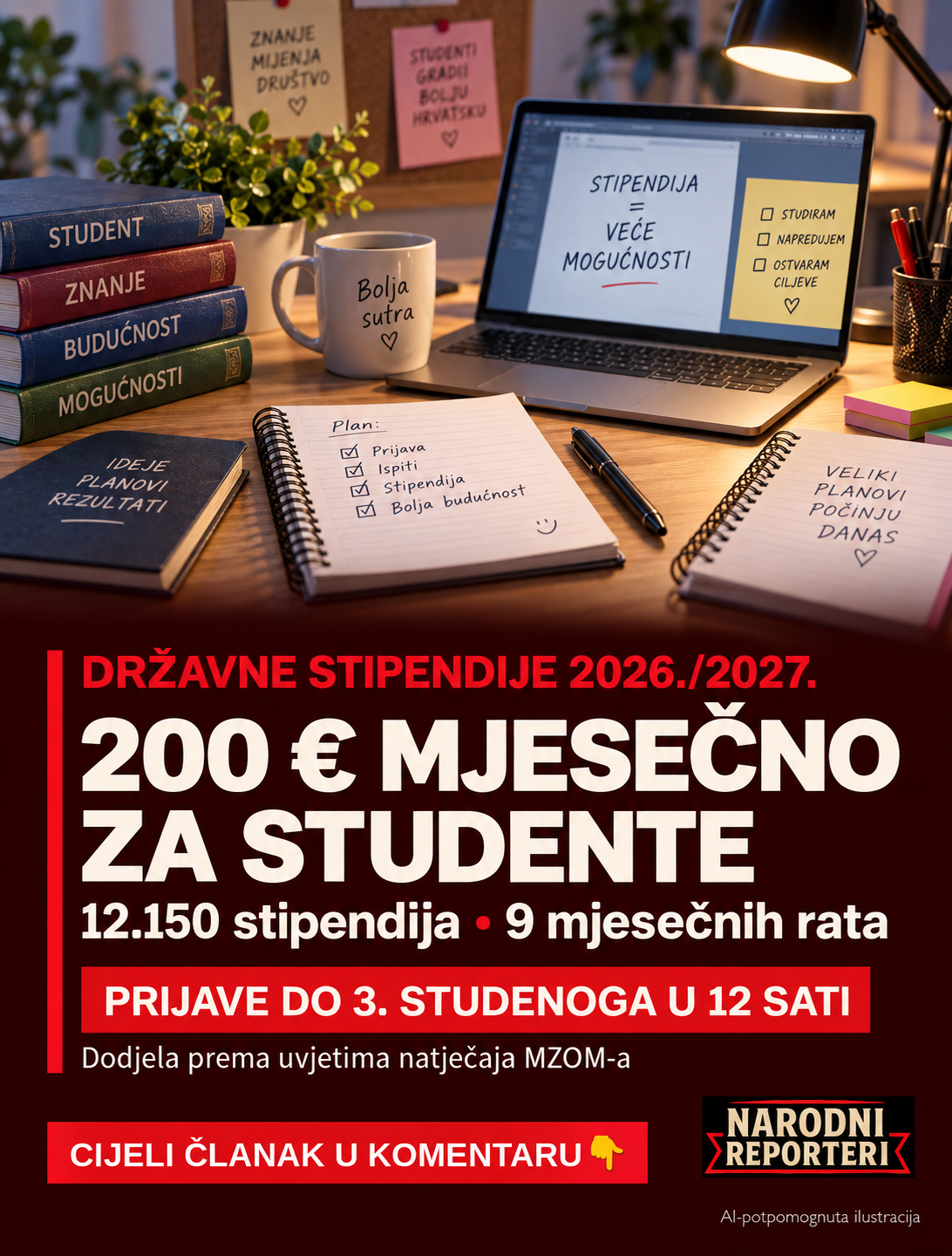 Državne stipendije: 200 eura mjesečno, prijave do 3. studenoga u 12 sati
