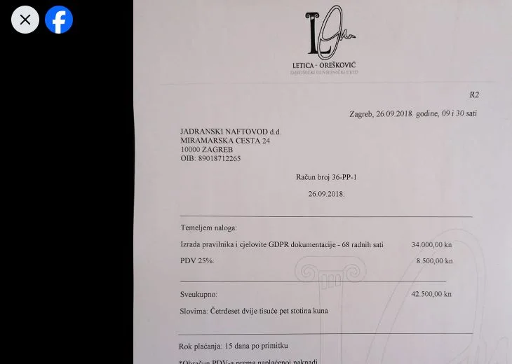 Izrez javno objavljenog računa ureda Letica–Orešković: GDPR dokumentacija za JANAF, 26. rujna 2018.