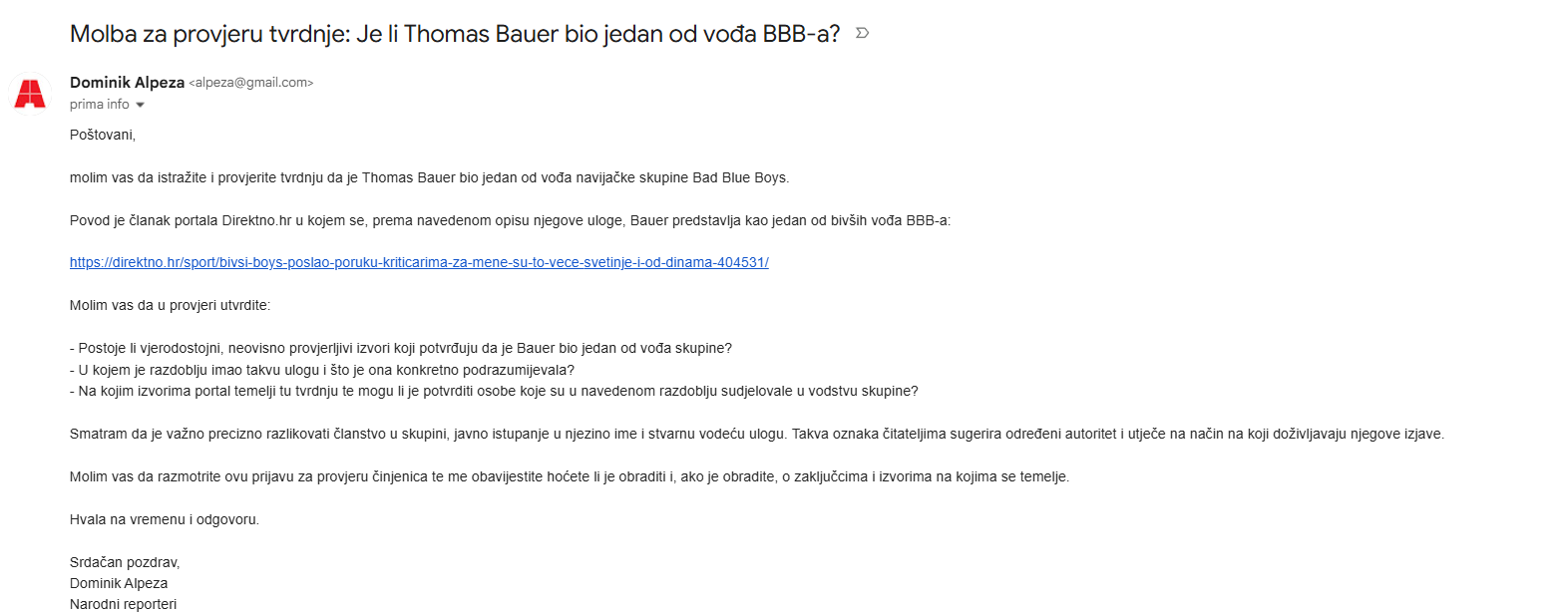 Poruka Narodnih Reportera Faktografu sa zahtjevom za provjeru tvrdnje o Thomasu Baueru i BBB-u