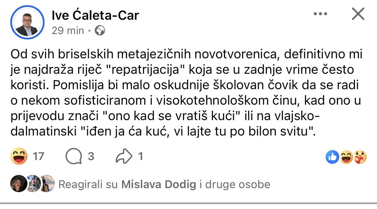 Facebook status Ive Ćaleta-Car o repatrijaciji