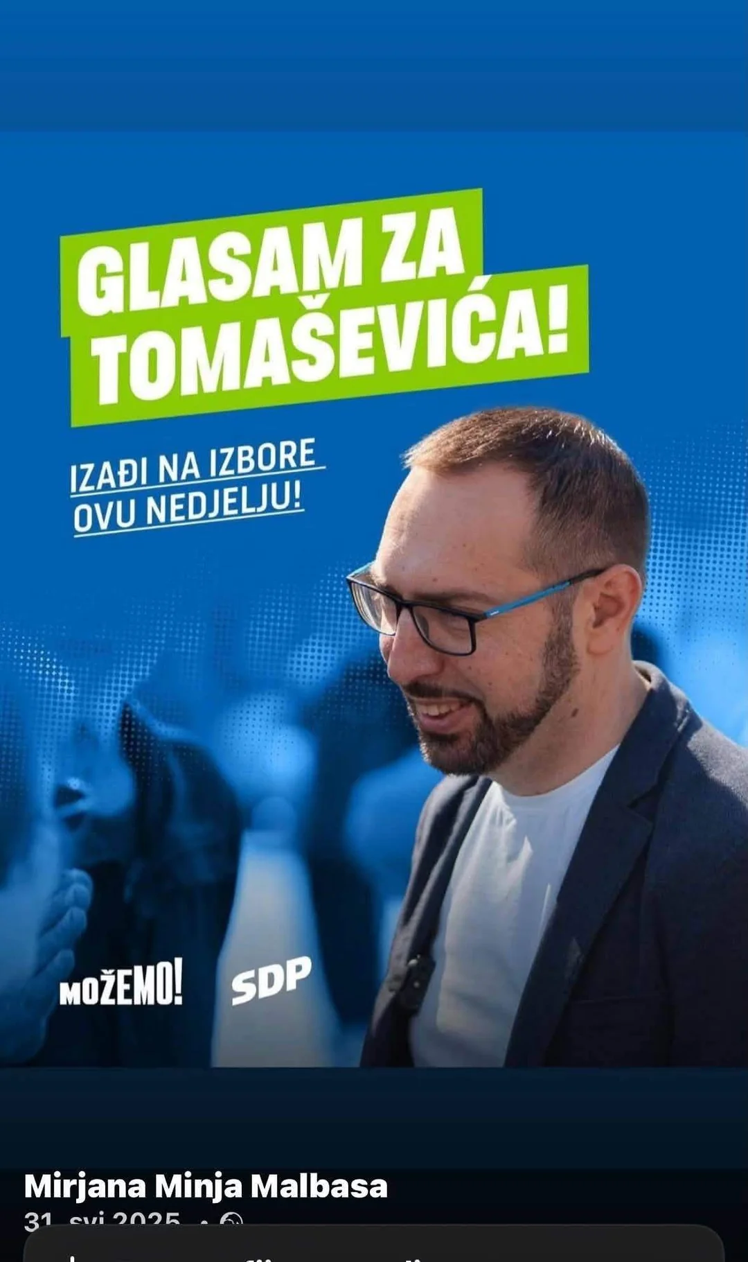 Objava Glasam za Tomaševića na profilu Mirjane Minje Malbase