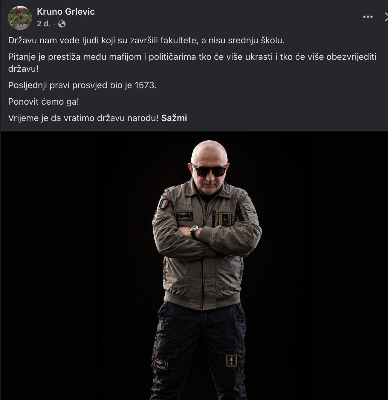Snimka Facebook objave Krune Grlevića s kritikama političara i pozivom da se država vrati narodu.