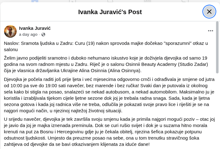 Facebook status Ivanke Juravić o otkazu u Zadru/Privlaci