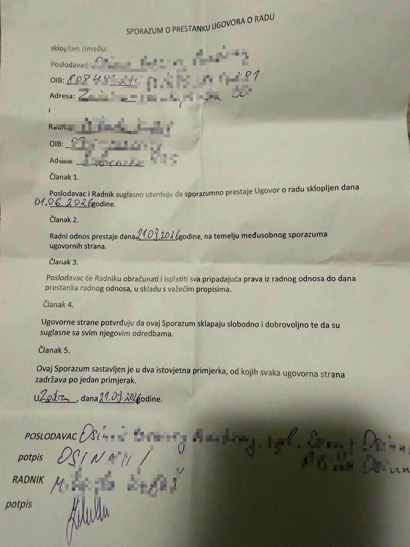 Sporazum o prestanku ugovora o radu, Zadar 21.9.2026., pečat OSINNII