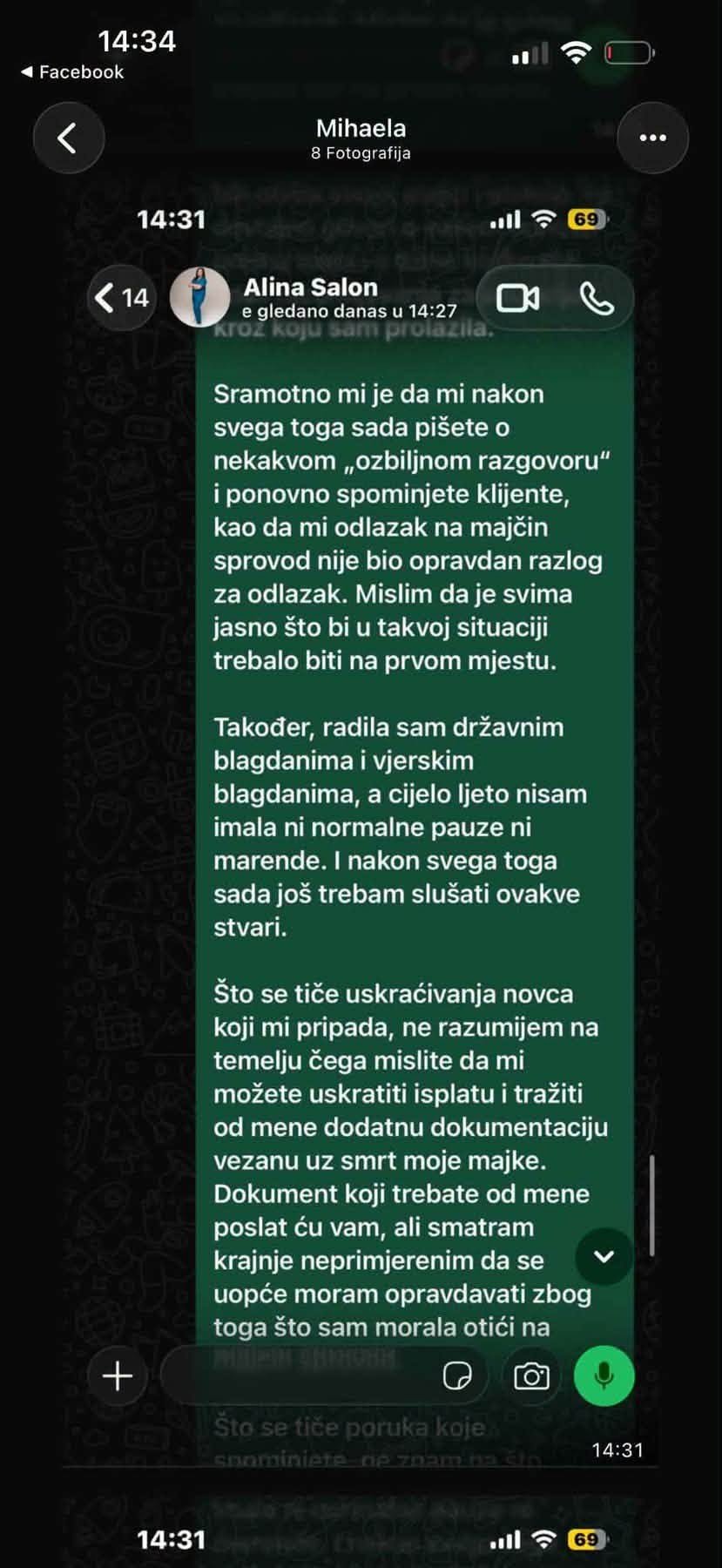 WhatsApp odgovor Mihaele Alini Salon nakon sprovoda