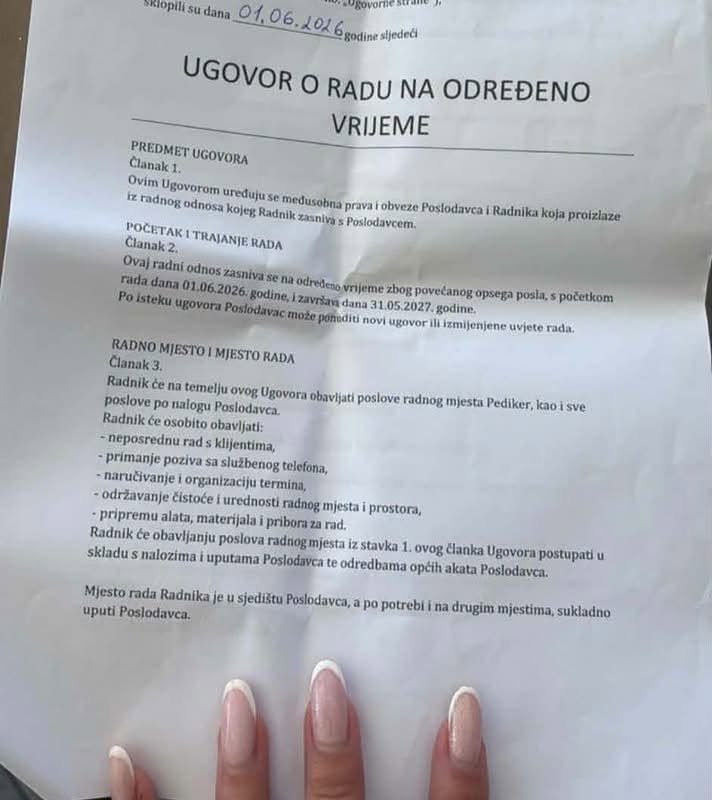 Ugovor o radu na određeno: pediker, 1.6.2026.-31.5.2027.