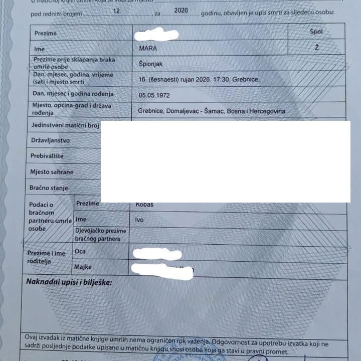 Izvadak iz matične knjige umrlih: Mara, 16. rujna 2026., Grebnice