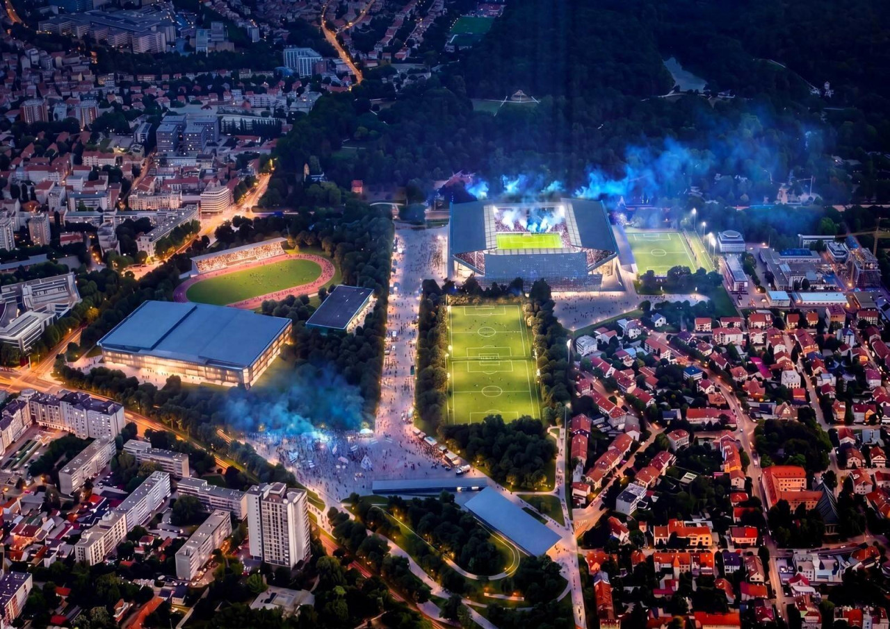 Idejno rješenje novog stadiona Maksimir noću, s plavom rasvjetom