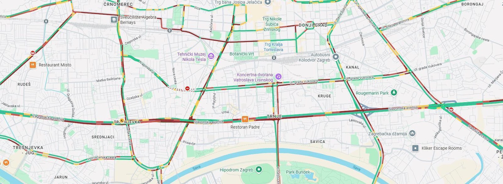 Zaslon Google Mapsa s prometnom situacijom u Zagrebu
