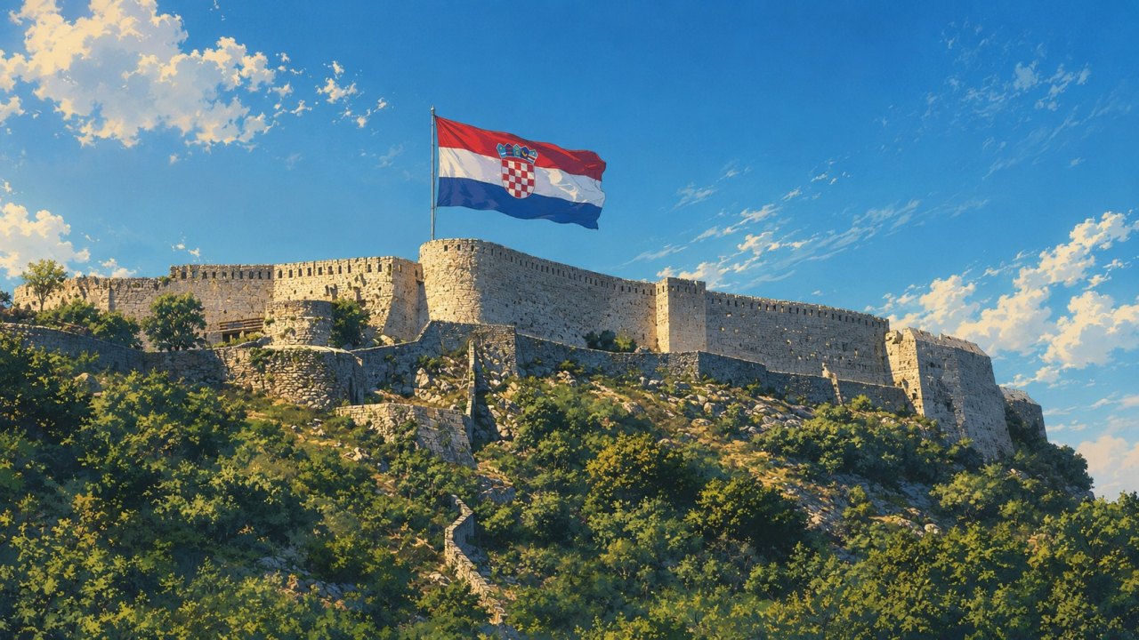 Hrvatska zastava na oslobođenoj tvrđavi — simbol pobjede u Oluji (ilustracija).